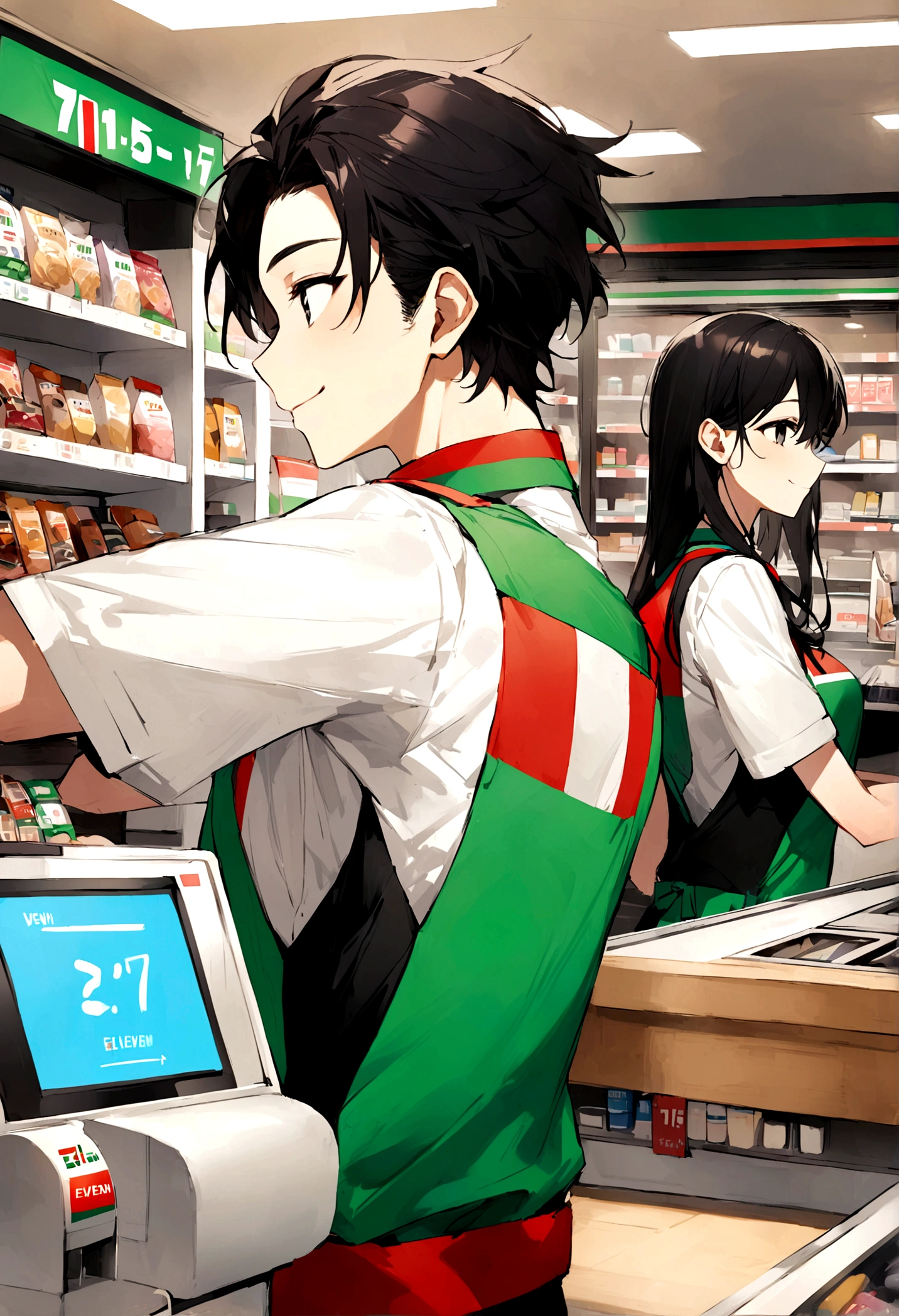 Highest quality、A young Seven-Eleven store clerk、smile、profile、Inside the Seven-Eleven store、cash register、Wearing a Seven-Eleven uniform、Black Hair、1 male