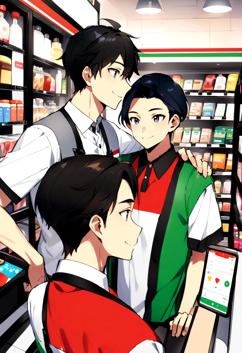 Highest quality、A young Seven-Eleven store clerk、smile、profile、Inside the Seven-Eleven store、cash register、Wearing a Seven-Eleven uniform、Black Hair、1 male