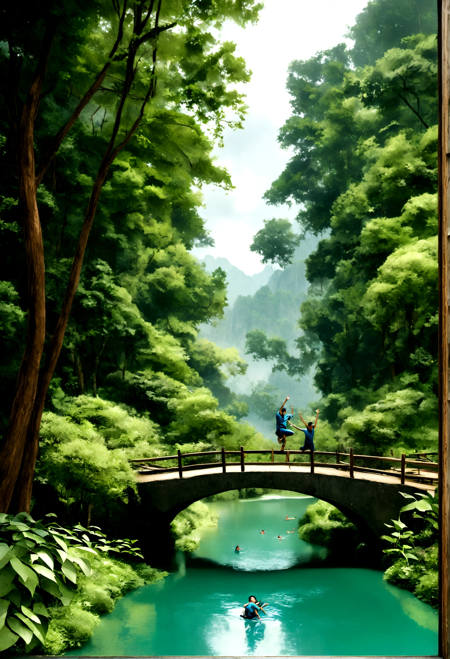 A blue colors multiple cute fish jumping in green river in rainy season greenery background long tree , cloud 3d realistic 8k picture saturated scene