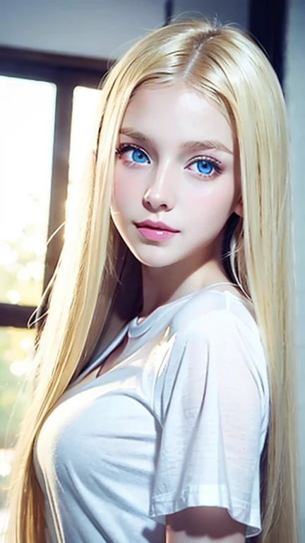 Glowing blonde hair,Very beautiful, bright light blue eyes that are very big,wearing white t-shirt,14 year old beautiful girl in the bedroom、Super long straight hair dancing wildly、A peerless beautiful girl、cheek gloss highlight、rich bust、small face beauty、Very white, young, bright and shiny skin、hair between eyes