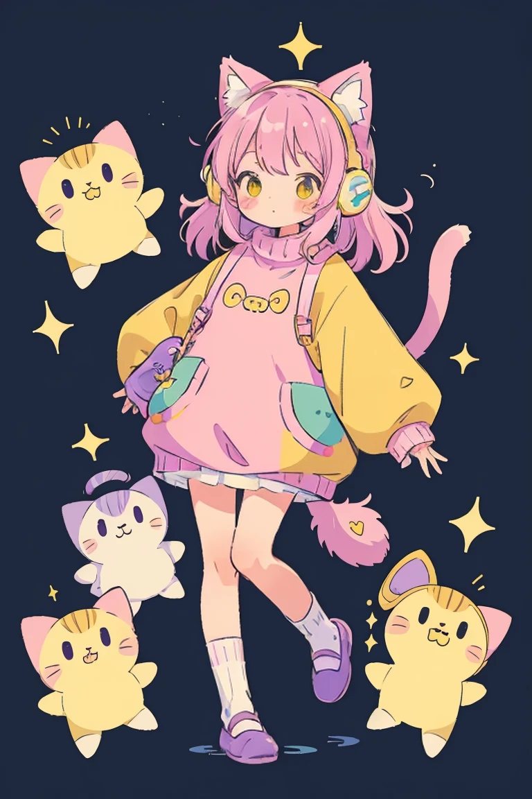 Cat girl, alone, Fluffy clothes, sweater, sleeve, socks, slipper, Light pastel colors, (purple, green, pink, yellow), comfortable, dream-like, performer, Stickers, bubble, Sparkling, shine, stuffed toy, Headphones