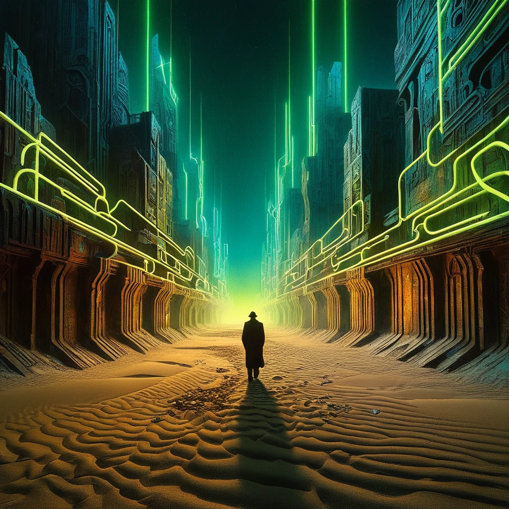 hyperrealism, A Zdzisław Beksiński-style dystopian cityscape is sprawling.., Biomechanical shapes pulsating with the musical energy of neon lights., Their intricate patterns weave a dissonant symphony that resonates through the sand.., Post-apocalyptic street in the dark, A visually arresting fusion of geometry and sound.
