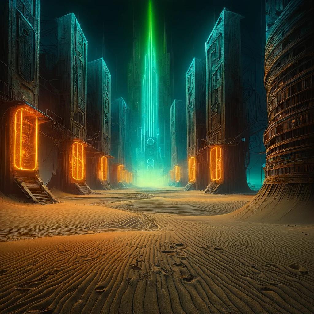 hyperrealism, A Zdzisław Beksiński-style dystopian cityscape is sprawling.., Biomechanical shapes pulsating with the musical energy of neon lights., Their intricate patterns weave a dissonant symphony that resonates through the sand.., Post-apocalyptic street in the dark, A visually arresting fusion of geometry and sound.