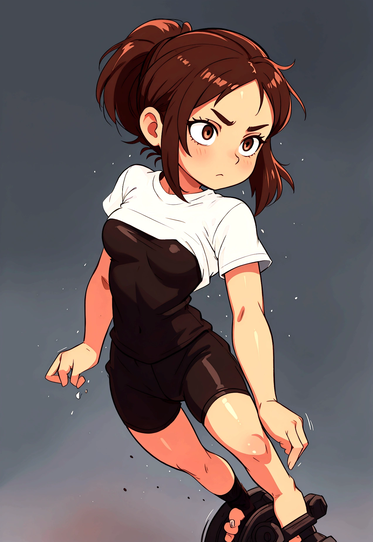 (((4K,8K,Highest quality,Perfect Fingers:1.3,Perfect Anatomy:1.3,Background Blur))),11 years old.woman,hat,((Glossy Bike Shorts)),(((Very small breasts:1.3))),sneakers,(((Four fingers and thumb:1.3))),(((Perfect human hand:1.3))),((Hands behind back:1.1)),blush,Smiling Kindly,(((Sweat:1.2))),Shiny skin,Perfect clear skin,Oily,Camel Toe,(Open your thighs wide to the left and right:1.1),(地面にsquat:1.1),Showing your crotch to the audience,((Weight scale,squat:1.2, Place your arms behind your head:1.2)), Ahegao, Steaming body,indoor,(School corridor),(Detailed Background),