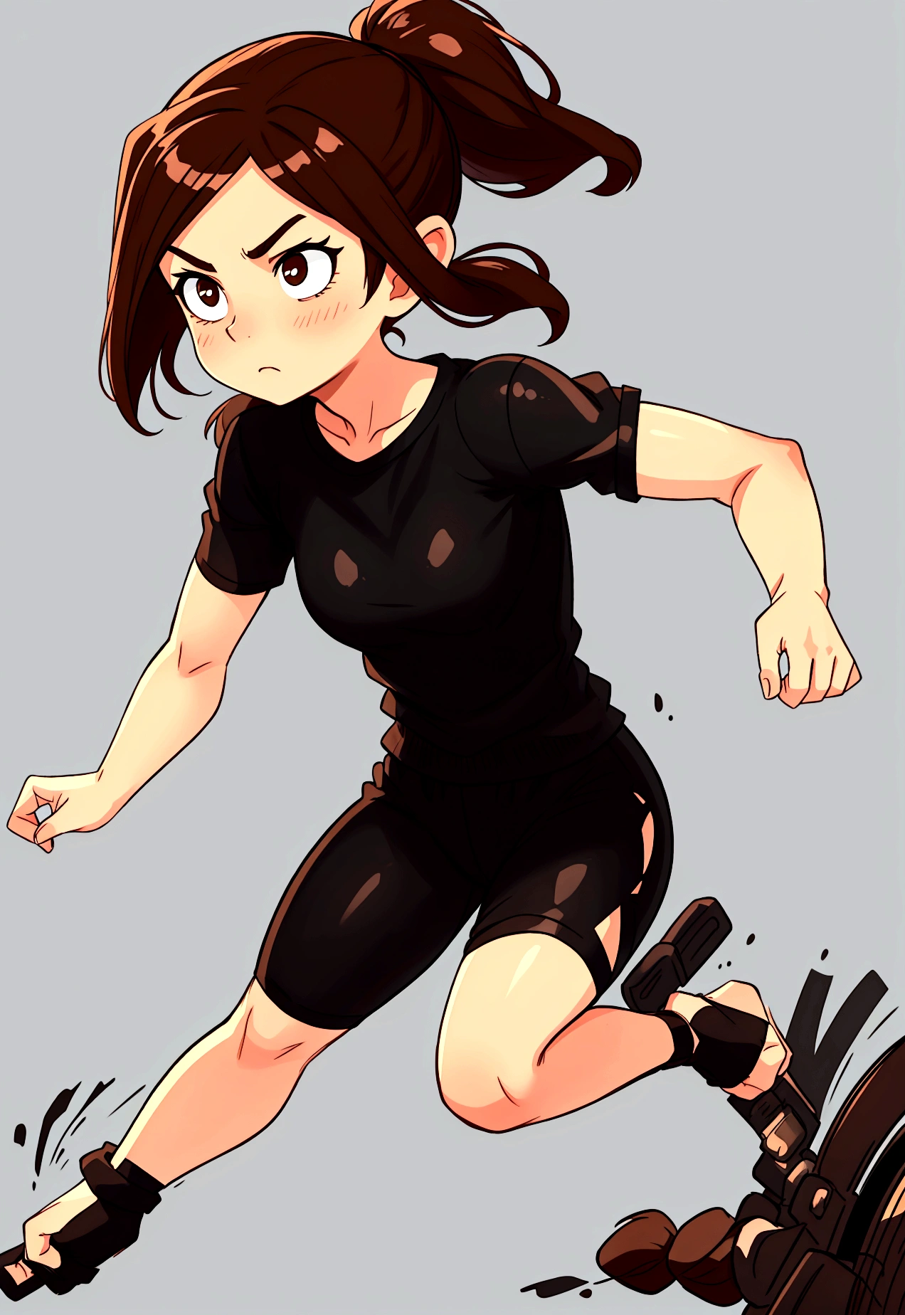 Brown hair tucked into a ponytail, brown eyes, blank look, fair skin, black T-shirt and bike shortsgacha, full body