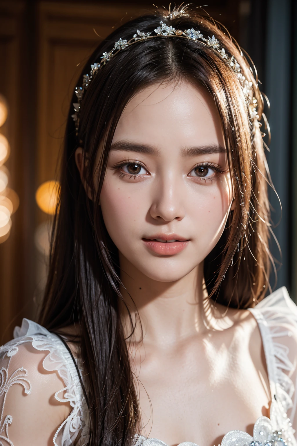 (Sillamäe:1.5), close up, masterpiece, best quality, raw photo, photorealistic, face, incredibly absurdres, hyper realistic photo of a beautiful girl (Thai Mix), seductive smile, cute, long hair, depth of field, highres, ultra-detailed, finely detail, extremely detailed, extremely detailed eyes and face, sharp pupils, realistic pupils, sharp focus, cinematic lighting, crystal Glass Fairy Armor,