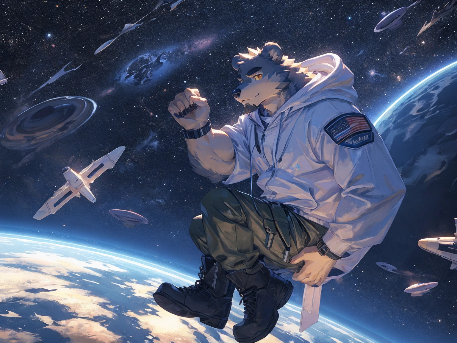 (masterpiece:1.2), best quality,pixiv,official art,perfect anatomy, (Ray tracing, light),solo, (1_male:1.3) , (muscle), (grey fur:1.4), (muscle bear), (beard:1.2), (gleaming golden eyes), bear tail, full body, Thick black eyebrows,(open hooded parka), (naked inside), (cargo pants:1.2), boots , (in the space:1.3) , star , planet , earth , asteroid , (character floating :1.3), clasping round knees