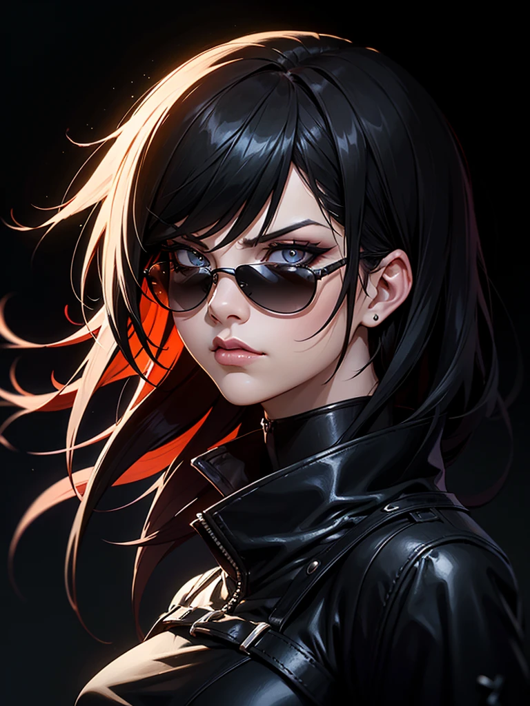 ((Portrait Photo)), She has a Dark and Menacing Appearance, with a Slim, Athletic Build and a Stealthy Presence. She Expresses a Cold and Calculating Look, Giving Off a Detached and Deadly Attitude. Her Hair is Short and Tousled, Black, with Spiky Strands Falling Around Her Face. She Wears All-Black Leather Outfits with Sunglasses. ((Portrait Photo, HDR, Dark Background))