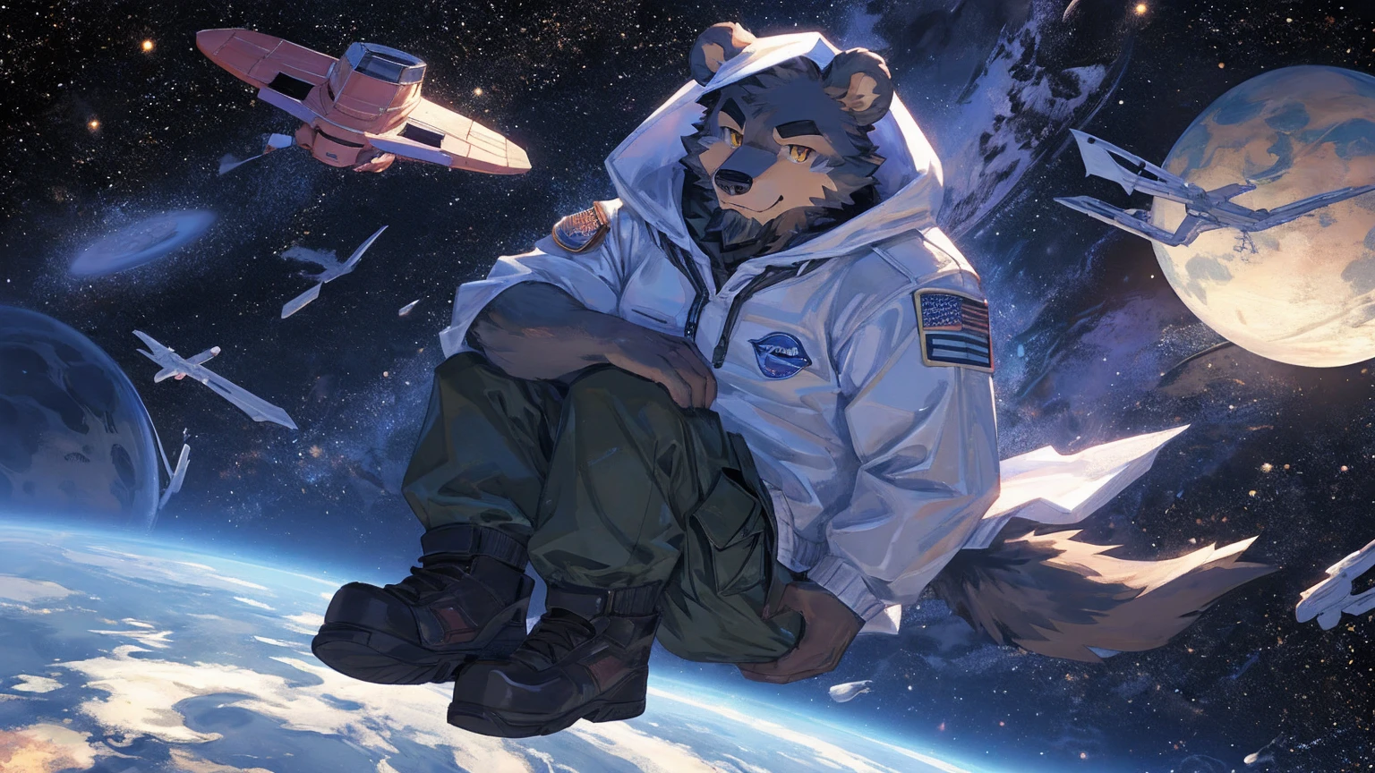 (masterpiece:1.2), best quality,pixiv,official art,perfect anatomy, (Ray tracing, light),solo, (1_male:1.3) , (muscle), (grey fur:1.4), (muscle bear), (beard:1.2), (gleaming golden eyes), bear tail, full body, Thick black eyebrows,(open hooded parka), (naked inside), (cargo pants:1.2), boots , (in the space:1.3) , star , planet , earth , asteroid , (character floating :1.3), clasping round knees