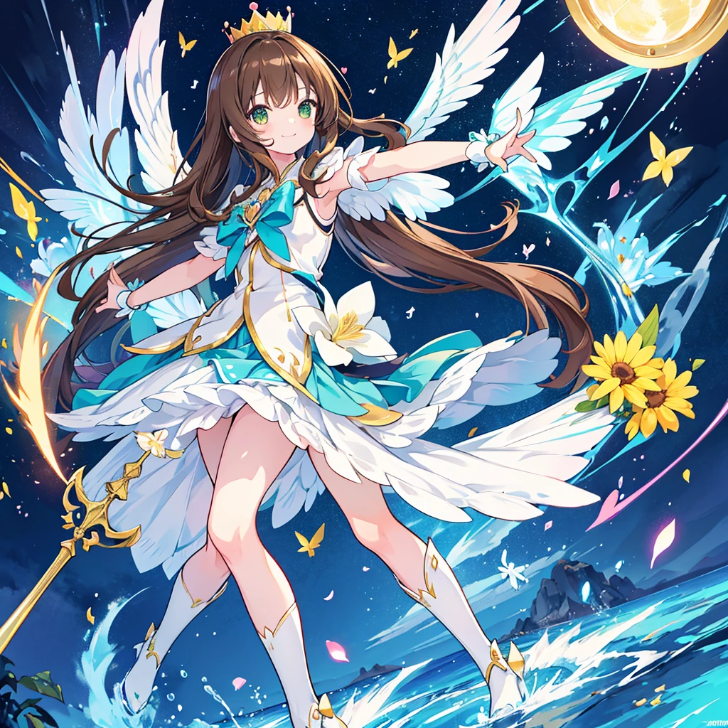 kawaii, anime, Cute, hyper quality, highly detailed, 16k, Front facing, Clarity, full body, smile, one girl, long brown hair, green eyes, Magical girl, , brown hawk wings on the back, heart stick, heart, over knee socks, ribbon, light dances, A bird of light flaps its wings, brandish a stick, morning sunshine, magic effect, magic attack, heart effect, accessories, cute costume, white petals dance, flower blooming hill, white sardine flower, blue sky, crown, a brown bird flapping its wings, clear sky, Light of the sun, long magic stick, white actinidia arguta flowers, 	