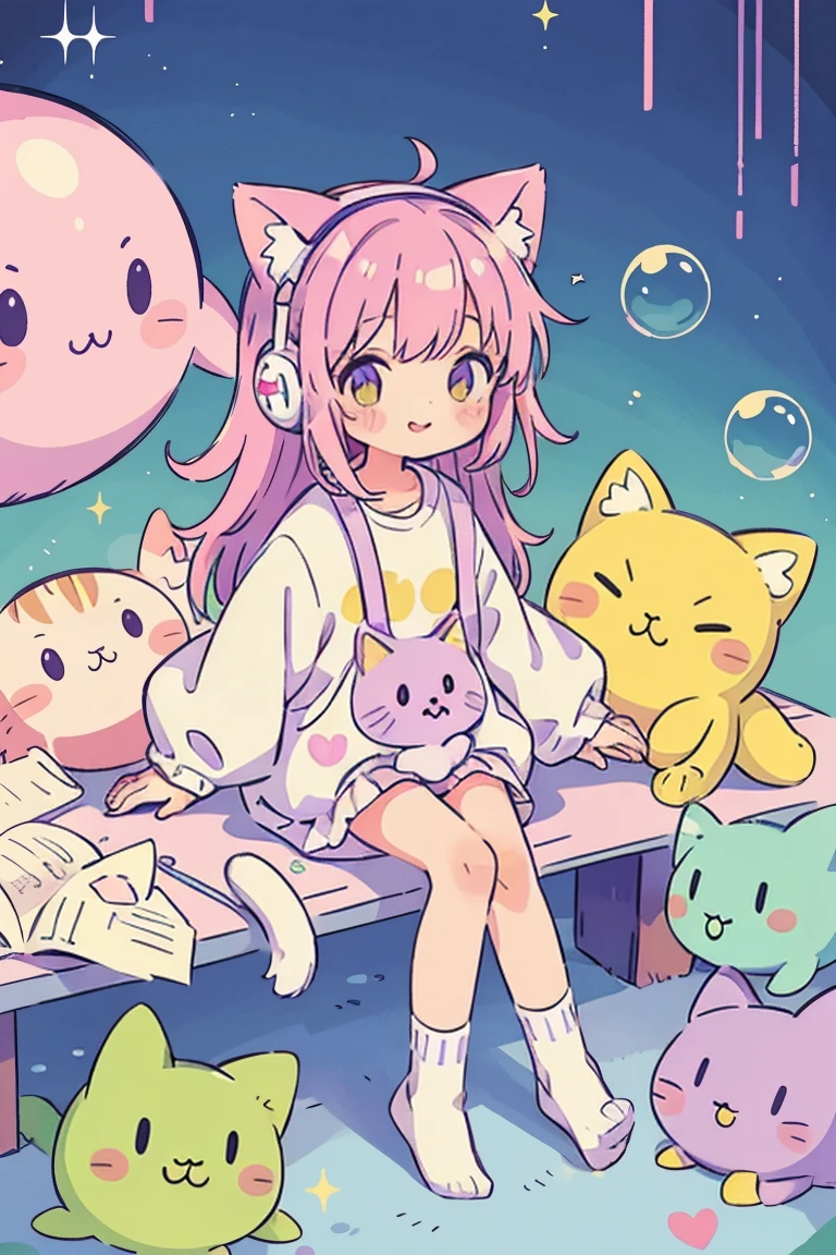 Cat girl, alone, smile,White clothes, sleeve, socks, slipper, Light pastel colors, (purple, green, pink, yellow), comfortable, dream-like, performer, Stickers, bubble, Sparkling, shine, stuffed toy, Headphones