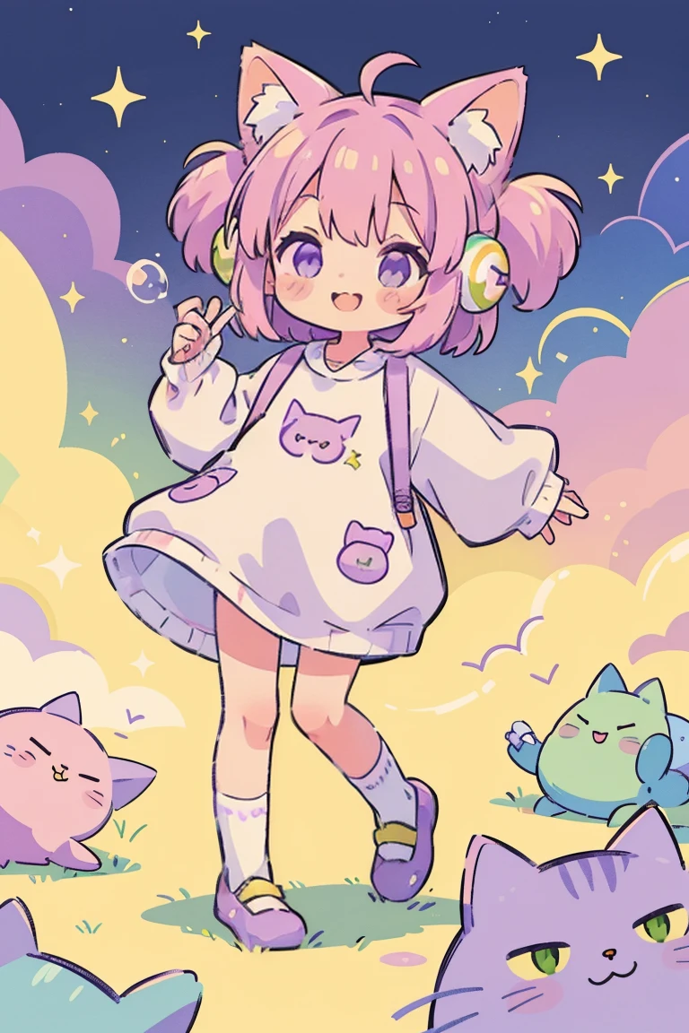Cat girl, alone, smile,White clothes,  sleeve, socks, slipper, Light pastel colors, (purple, green, pink, yellow), comfortable, dream-like, performer, Stickers, bubble, Sparkling, shine, stuffed toy, Headphones