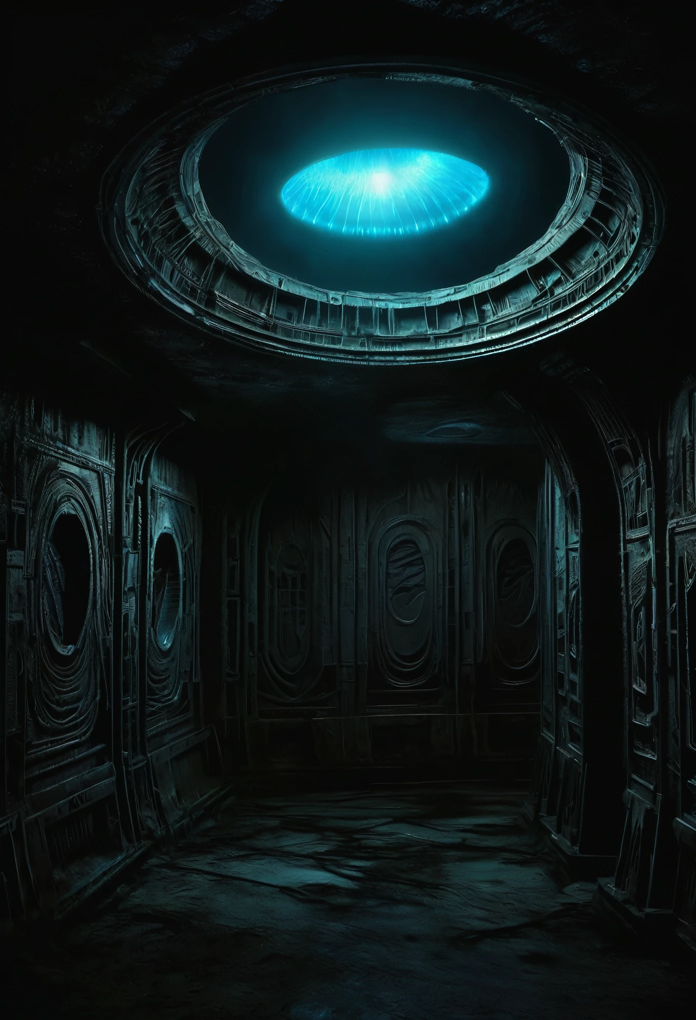 01_rays of black light, 史诗Alien Spaceship的内部, the atmospheRe of the movie “alien”. Bionic foRms coveR the walls in Bas-relief, 黑色人造Material, stone-plastic, and bionics. sanded, polishing, Smooth, Bas-relief, bionics, Cyberpunk. alien尸体的元素, and the anatomy of alien cReatuRes, adoRn the Relic Bas-reliefs of Alien Spaceship. rays of black light penetRates foRms fRom the inside. The whole picture reflects the black theme, Black glow, Antimatter, Space - as a symbol of black infinity. 02_best quality. masterpiece. Image. 3D visualization. scene RecReated by UnReal Engine. Highest quality, detail, textures, Material, and, Crisp shapes (Smooth synthetic mateRial, man made rock, plastic, Metal). 来自形体深处的Black glow, Alien Spaceship, Alien Civilization, Alien World. Front view of the camera, view, The ceiling is watery, Deep Cave, membrane floor, and fantastic Bas-reliefs on the walls (bionics, anatomy, entomological life foRms depicted on bizaRRe Bas-reliefs). Black glow is the basis of the entire picture. 03_ Indoor lighting, Deep Shadows, illuminated black Bas-relief, Bionic geometry, and secRet symbolism Decoate the walls. High arched walls, Alien Spaceship - a highly developed civilization. Warm and Bright - Contrast Light, A faint cold shadow, cleaR image of detail, texture, Deco (High image quality), (Crisp, high-quality rendering), (Unreal Engine), sD quality, 8K. LucasArts, Cyberpunk, s.R. Giger "alien".