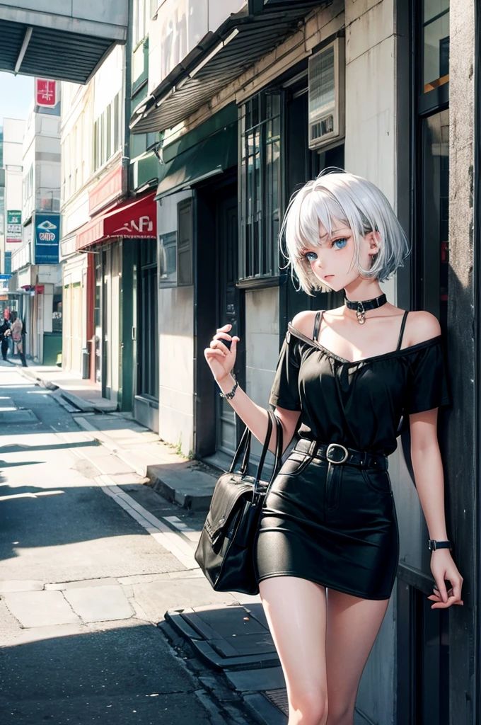 17 year old woman, adolescent, short white hair and blue eyes, He has an urban style in clothing, these being green and black..