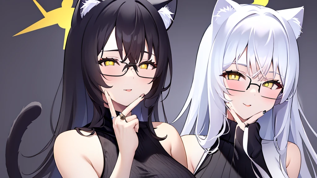 (Two women, 20-year-old female angels, long, white hair, yellow eyes, cat ears, and glowing yellow halo rings above their heads. Wear round glasses (White halter turtleneck sweater, white purekiller sweater, sleeveless, sexy backless sweater, white dress)) (A 20-year-old cat girl with long, black hair, gray eyes, cat ears, and wears round glasses. (Black halter turtleneck sweater, black purekiller sweater, sleeveless, backless sweater, sexy black dress))