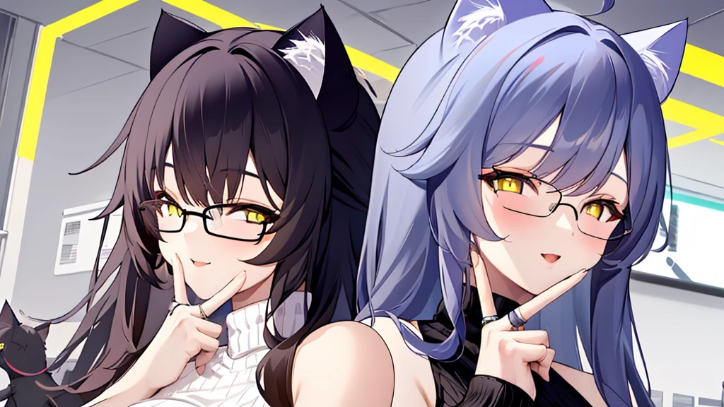 (Two women, 20-year-old female angels, long, white hair, yellow eyes, cat ears, and glowing yellow halo rings above their heads. Wear round glasses (White halter turtleneck sweater, white purekiller sweater, sleeveless, sexy backless sweater, white dress)) (A 20-year-old cat girl with long, black hair, gray eyes, cat ears, and wears round glasses. (Black halter turtleneck sweater, black purekiller sweater, sleeveless, backless sweater, sexy black dress))