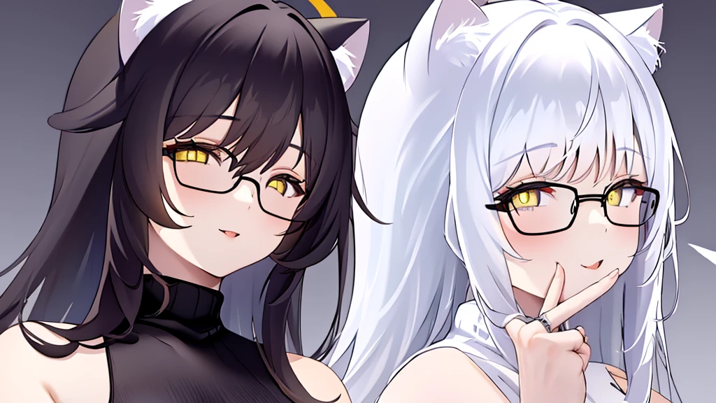(Two women, 20-year-old female angels, long, white hair, yellow eyes, cat ears, and glowing yellow halo rings above their heads. Wear round glasses (White halter turtleneck sweater, white purekiller sweater, sleeveless, sexy backless sweater, white dress)) (A 20-year-old cat girl with long, black hair, gray eyes, cat ears, and wears round glasses. (Black halter turtleneck sweater, black purekiller sweater, sleeveless, backless sweater, sexy black dress))