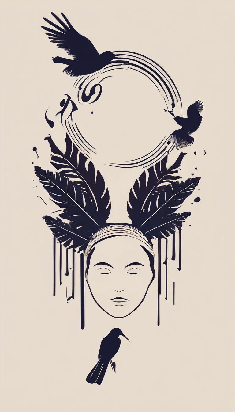 Create a modern, minimalistic logo design for a brand about music and movies called " Penamemoria". The logo must be in minimalistic style and convey a sense of storytelling. The logo is the silhouette of a boy and a bird. The boy is running with open arms, holding an acoustic guitar in the right hand and a bird feather in the left hand. Minimalistic logo design impressed on a book cover