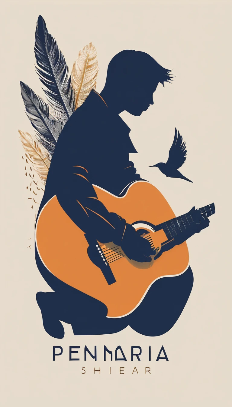 Create a modern, minimalistic logo design for a brand about music and movies called " Penamemoria". The logo must be in minimalistic style and convey a sense of storytelling. The logo is the silhouette of a boy and a bird. The boy is running with open arms, holding an acoustic guitar in the right hand and a bird feather in the left hand. Minimalistic logo design impressed on a book cover