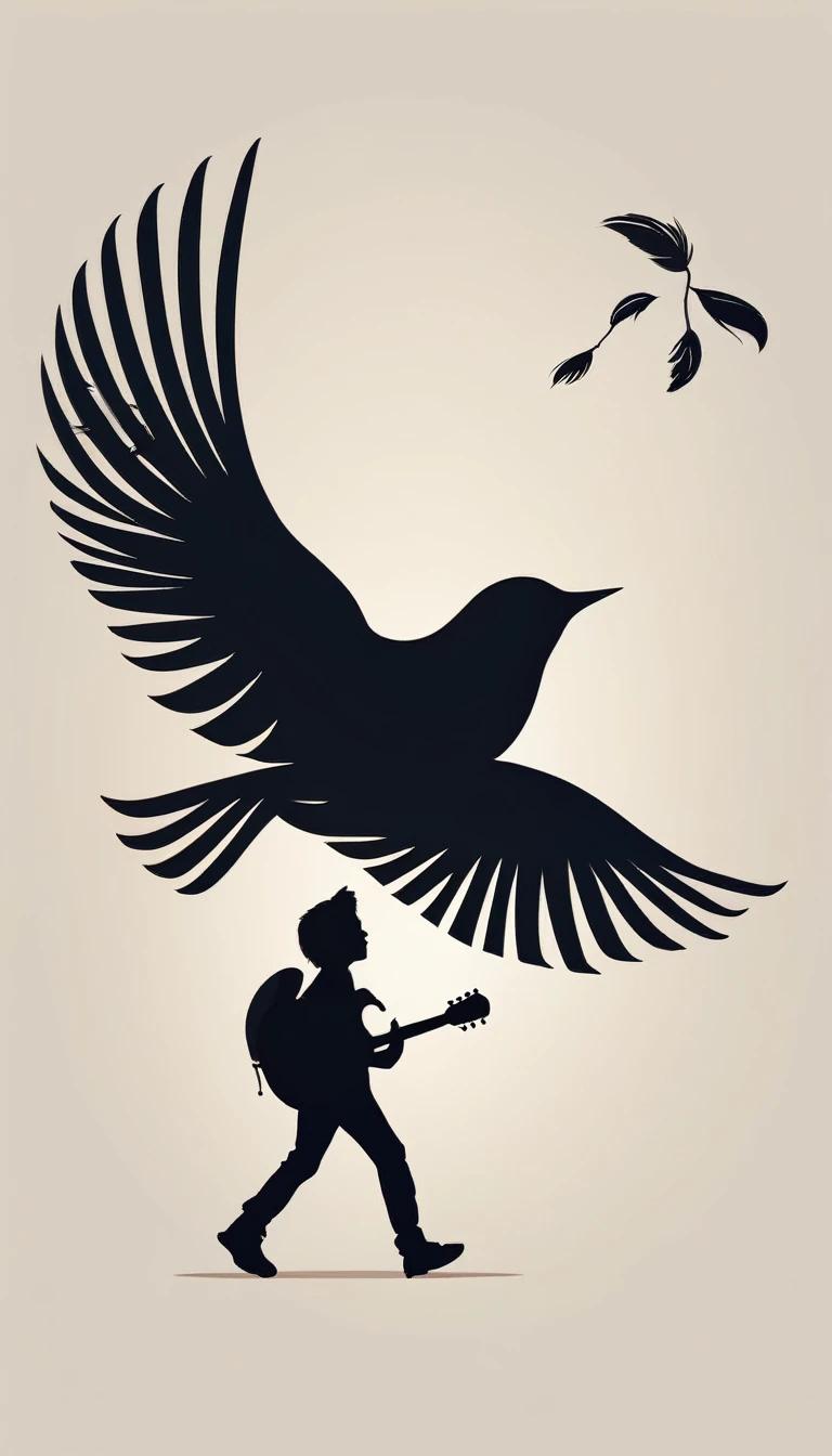 Create a modern, minimalistic logo design for a brand about music and movies called " Penamemoria". The logo must be in minimalistic style and convey a sense of storytelling. The logo is the silhouette of a boy and a bird. The boy is running with open arms, holding an acoustic guitar in the right hand and a bird feather in the left hand. Minimalistic logo design impressed on a book cover