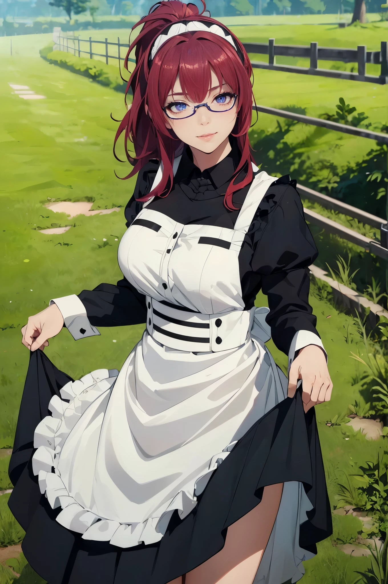 ((1girl, solo)), beautiful body, (perfect anatomy, perfect body, perfect hands, perfect legs), natural proportions, sexy body, large breasts BREAK 

red hair, ponytail, ((extremely detailed face)), glasses, purple eyes, (beautiful detailed eyes:1.6), (realistic pupils, realistic iris:1), expressive eyes, looking at viewer, (clear eyes:1.3), (hyperrealistic:1.2), (detailed skin texture:1.2), smooth skin,  open mouth, (smile), (detailed lips:1.2), (attractive lips:1.1), (glossy lips:1.1), perfect face, perfect eyes BREAK

(masterpiece:1.5), anime-style, top quality, best quality, (beautiful and aesthetic:1.2), (ultra detail:1.5), Ultra-detailed depiction, Ultra-precise depiction, extremely detailed 8k illustration, high resolution, (highly detailed shading:1.2), (realistic lighting:1.4), perfect lighting, vibrant colors, dynamic tones, striking hues, 8k, absurd resolution, perfect shadows, hdr, UHD, ambient lighting, realistic, ultra-realistic, photo realistic, highly detailed, rich detail, luminous colors, fine texture, intricate design, professional illustration, (soft light:1.2), (illustration:0.7)