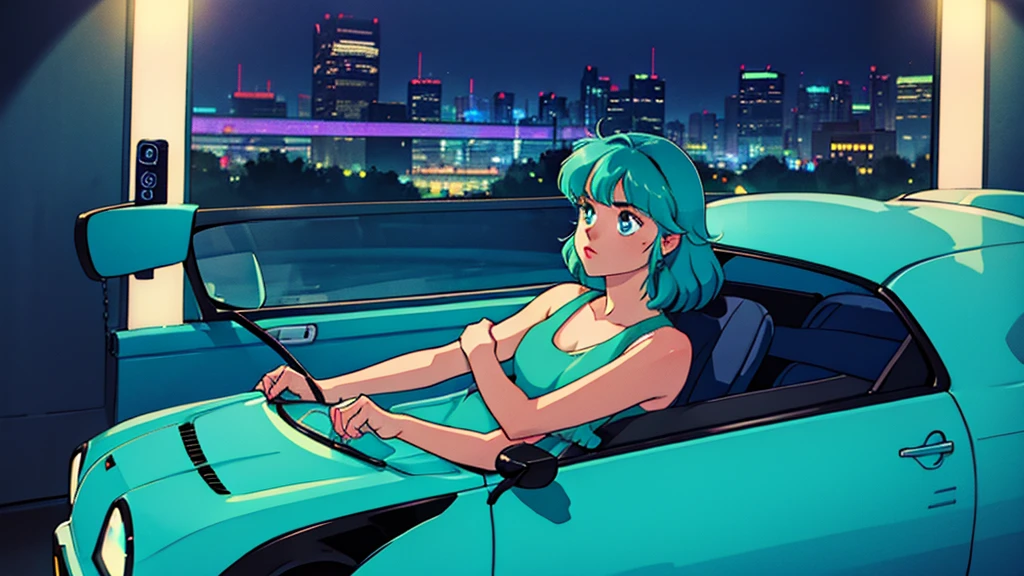 Create an image from the angle inside a car, showing a woman with a thoughtful expression on her face as she gazes out of the side window at the cityscape. The city outside should be visible, illuminated by streetlights and neon signs. Use soft, pastel colors and subtle gradients to capture a dreamy, reflective atmosphere. Ensure the interior of the car feels cozy and comfortable, adding to the overall serene vibe.
