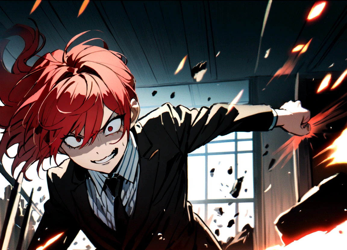 Red hair, black suit, punches, scary smile, in office, computer smashed and destroyed, flying debris,
