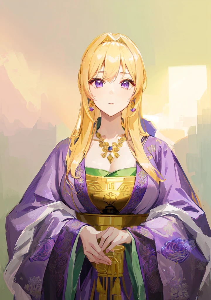 Wearing a purple robe、Cartoon image of a woman holding a bowl, ((Beautiful fantasy queen)), Produced in collaboration with Anime Painter Studio, Anime Goddess, Portrait of the Knights of the Zodiac, elfic priestess, ((Wearing noble robes)), Anime style like fate/overnight, Beautiful fantasy queen, In the anime painter studio，Three Kingdoms，Three Kingdoms志，Chinese style，antiquity，Hanfu，，巨big乳房，Good shape，Royal sister，Purple Eyes，Celluloid，big，Full figure，Noble