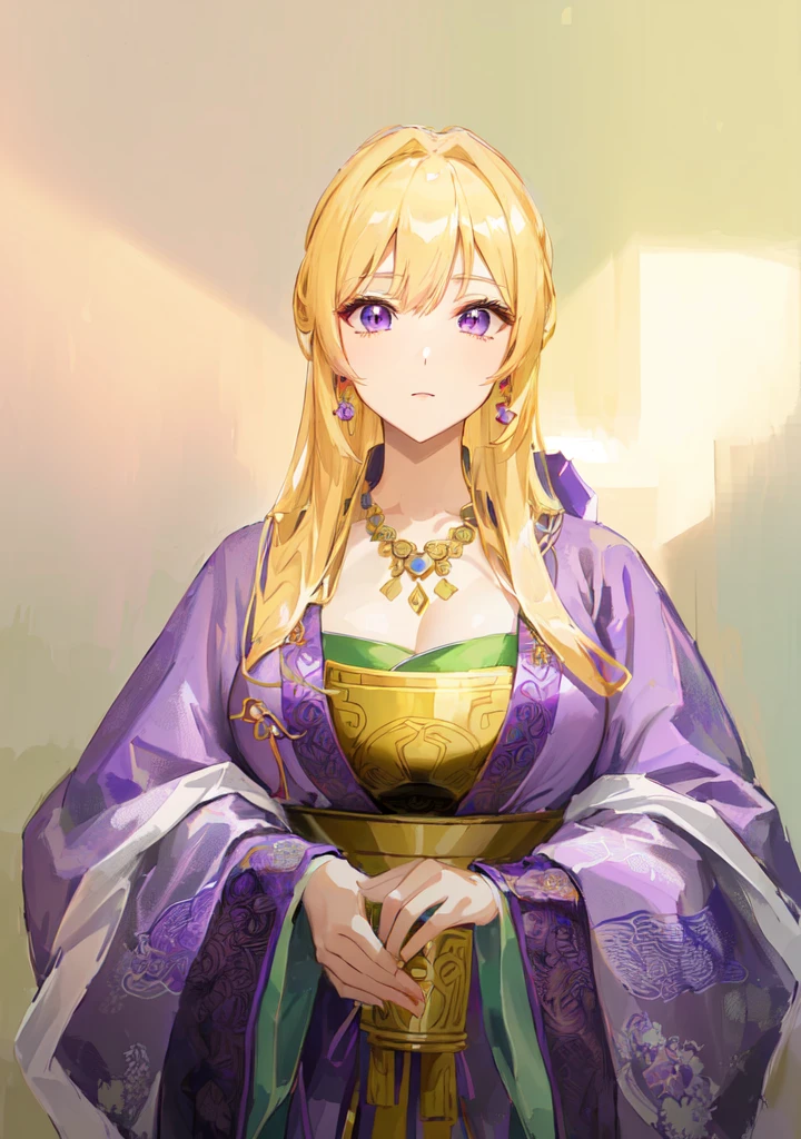 Wearing a purple robe、Cartoon image of a woman holding a bowl, ((Beautiful fantasy queen)), Produced in collaboration with Anime Painter Studio, Anime Goddess, Portrait of the Knights of the Zodiac, elfic priestess, ((Wearing noble robes)), Anime style like fate/overnight, Beautiful fantasy queen, In the anime painter studio,Three Kingdoms,Three Kingdoms志,Chinese style,antiquity,Hanfu,,巨big乳房,Good shape,Royal sister,Purple Eyes,Celluloid,big,Full figure,Noble