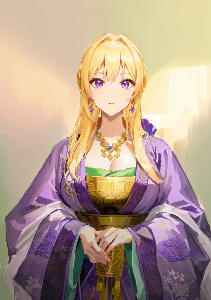 Wearing a purple robe、Cartoon image of a woman holding a bowl, ((Beautiful fantasy queen)), Produced in collaboration with Anime Painter Studio, Anime Goddess, Portrait of the Knights of the Zodiac, elfic priestess, ((Wearing noble robes)), Anime style like fate/overnight, Beautiful fantasy queen, In the anime painter studio,Three Kingdoms,Three Kingdoms志,Chinese style,antiquity,Hanfu,,巨big乳房,Good shape,Royal sister,Purple Eyes,Celluloid,big,Full figure,Noble