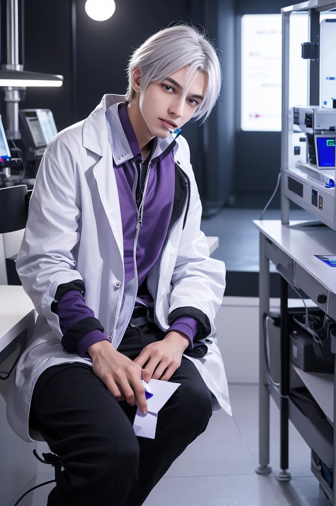A refreshing young man, 20 years old, with slender silver hair and purple eyes, in a cyber-related laboratory, a researcher in a laboratory with a dark future, in a white lab coat, biting a pen, biting a ballpoint pen with his teeth, thinking, facing right, sitting on a luxurious black chair