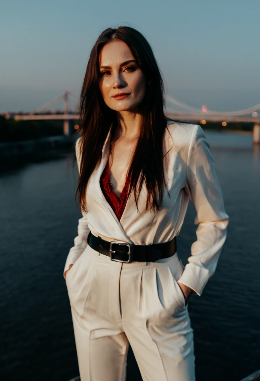 Very beautiful Slavic woman, pale skin, long hair, A Necromancer, light shadow effects, white trouser suit without unnecessary details, Red blouse, black wide leather belt, photo, crap, sun glare, Against the background of a metal bridge near the shore, water, The city, sun, sundown, Low storm clouds, indigo, photo, slight smile, body complet, sharp-focus, dynamic sexy pose, professional photograph the photo was shot on a Sony Alpha a7R IV camera and a Sony FE 85mm f/1.8 lens, aperture f/1.8, shutter speed 1/125s, ISO 800. swirling bokeh, sharp-focus, high skin detail, sharpness, Character portrait, perfect lighting, tmasterpiece, Detailed background, Movie Lighting, 8K