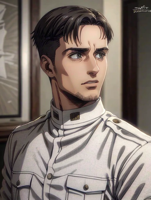 35 years old man, military hair, gray eyes, White military uniform, quartel general