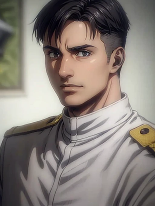 35 years old man, military hair, gray eyes, White military uniform, quartel general