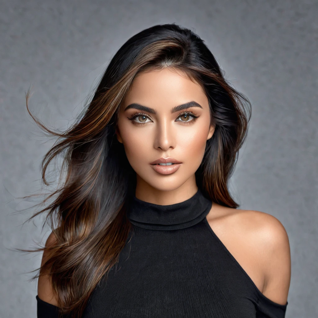 A photoreal portrait of a stunning 28-year-old Latina model showcases her oval face, straight black hair, and striking grey eyes. Her beautiful lips accentuate her wheatish skin with light brown tone highlights. Dressed in a chic black top, the image should be full body shot, 8k hdr, high detailed, and focused on capturing her mesmerizing beauty. The lighting should be soft and golden to enhance her radiance.