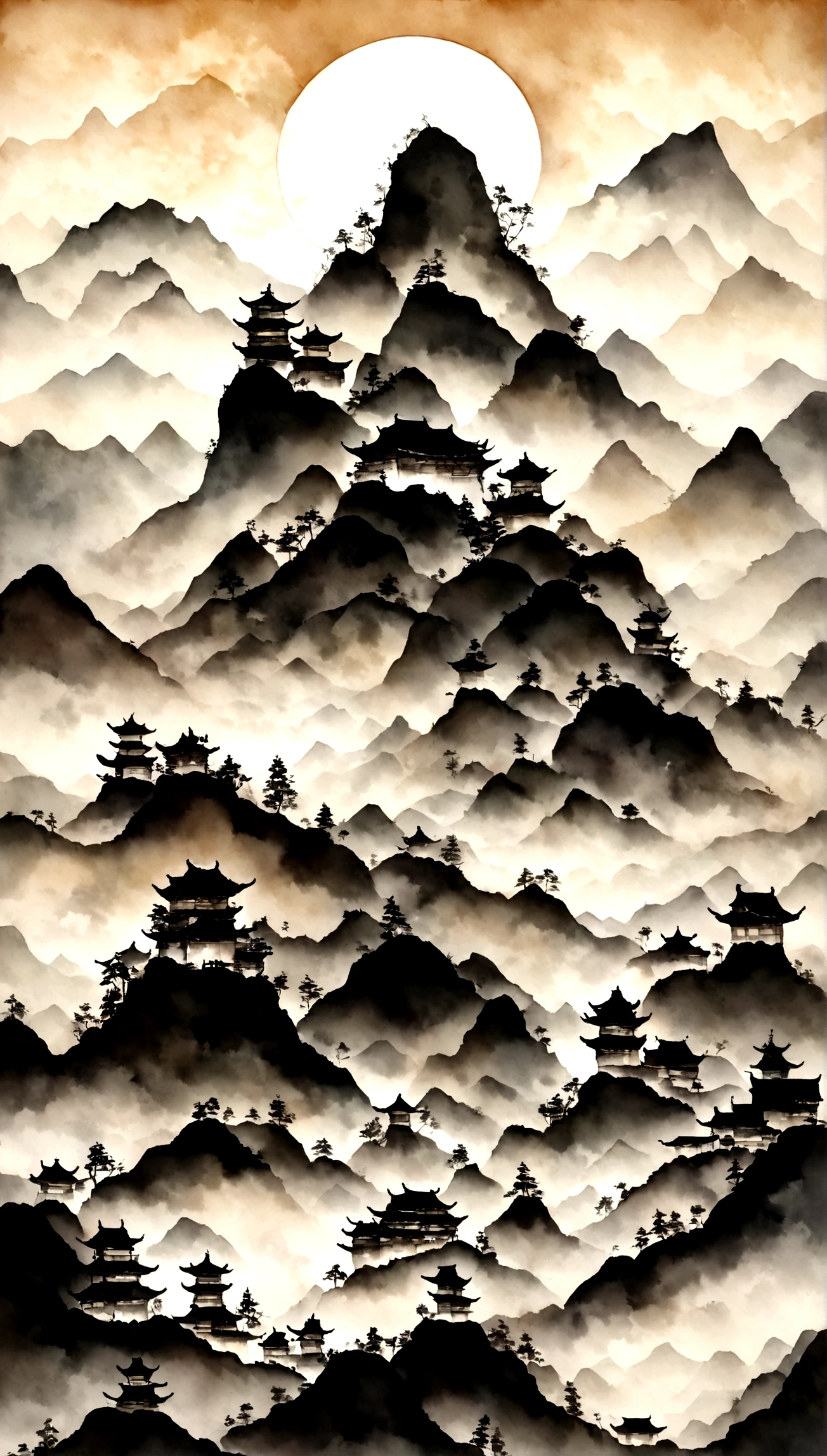 Chinese landscape painting,ink and watercolor painting,water ink,ink,Smudge,Meticulous,water ink,Smudge,Meticulous,Smudge,low-saturation,Low contrast,The light boat has crossed the Ten Thousand Heavy Mountains,Beautifully depicted,A detailed,acurate,Works of masters,tmasterpiece