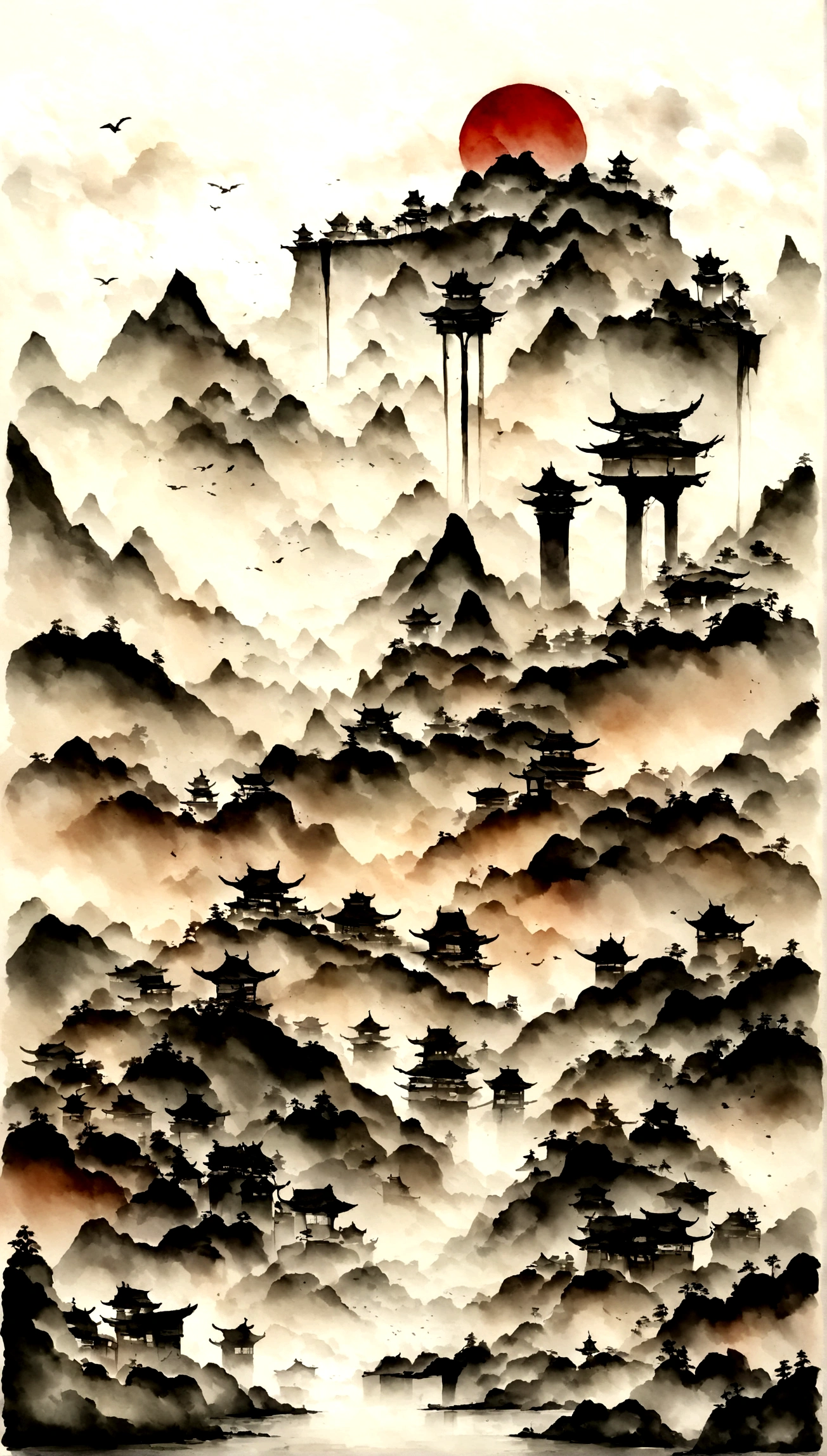 Chinese landscape painting,ink and watercolor painting,water ink,ink,Smudge,Meticulous,water ink,Smudge,Meticulous,Smudge,low-saturation,Low contrast,The light boat has crossed the Ten Thousand Heavy Mountains,Beautifully depicted,A detailed,acurate,Works of masters,tmasterpiece