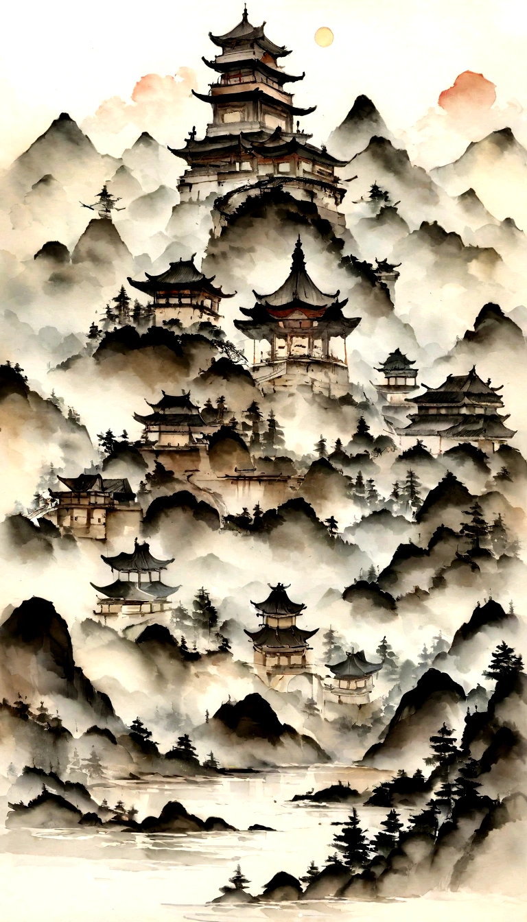 Chinese landscape painting,ink and watercolor painting,water ink,ink,Smudge,Meticulous,water ink,Smudge,Meticulous,Smudge,low-saturation,Low contrast,The light boat has crossed the Ten Thousand Heavy Mountains,Beautifully depicted,A detailed,acurate,Works of masters,tmasterpiece