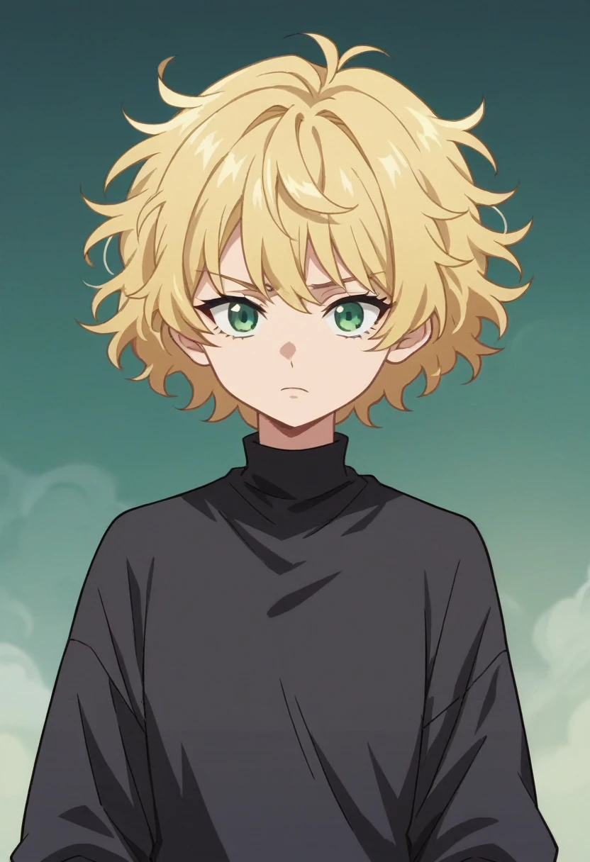 score_9, score_8_up, score_7_up, source_anime, anime_screencap, 1girl, black sweater, green eyes, blonde hair, short hair, shaggy hair, 