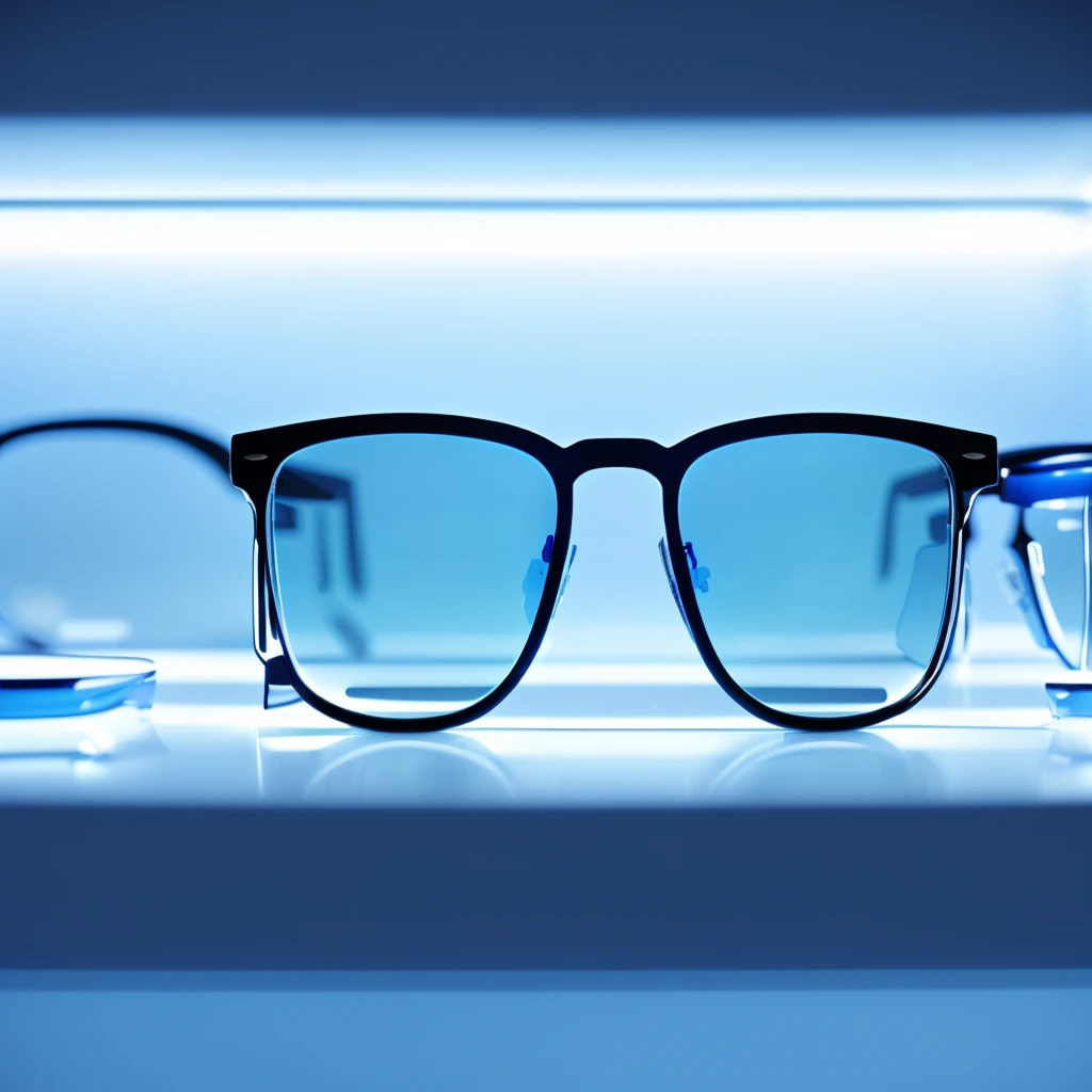 there are three glasses sitting on a shelf with a blue light, glasses without frames, blue rimmed glasses, glasses |, futuristic glasses lenses, technological sunglasses, high contrast backlight, digital sunglasses, spectacles, closeup portrait shot, zeiss lenses, wearing blue sunglasses, sunglasses on, blue backlight, cool glasses, optical lenses, close up portrait shot, glasses frames