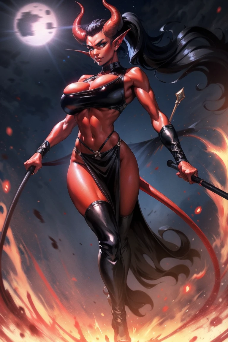 Red skin succubus tiefling, huge breasts, black horns, wings, huge tail, black leather, crop top, long flowing pelvic curtain, tall, toned, graceful, thin, long black ponytail. Action scene, whip. Dark scene, explosions, night sky.