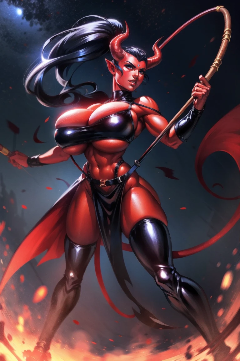 Red skin succubus tiefling, huge breasts, black horns, wings, huge tail, black leather, crop top, long flowing pelvic curtain, tall, toned, graceful, thin, long black ponytail. Action scene, whip. Dark scene, explosions, night sky.