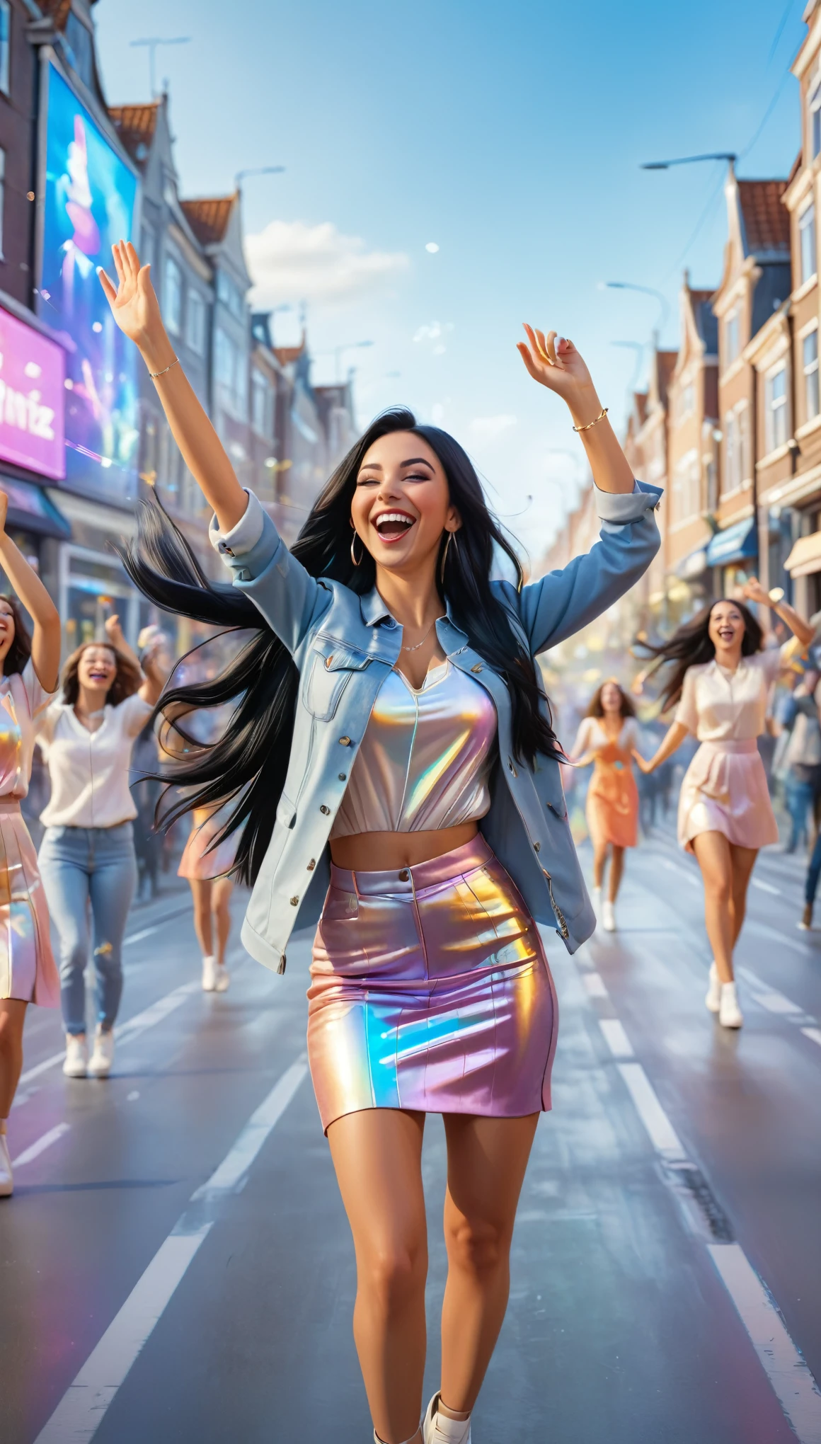 Adult women with STRAIGHT and LONG BLACK HAIR, dutch, dressed in clothes, In an urban landscape and holographic signs、DANCING HAPPY. HANDS RAISED on the road. are drinking and laughing, The background is modern, high tech vibe. Lovely Digital Painting, 3D rendering, Bright lighting, Sophisticated Colors. adult people, pessoas bonitas, long and straight hair