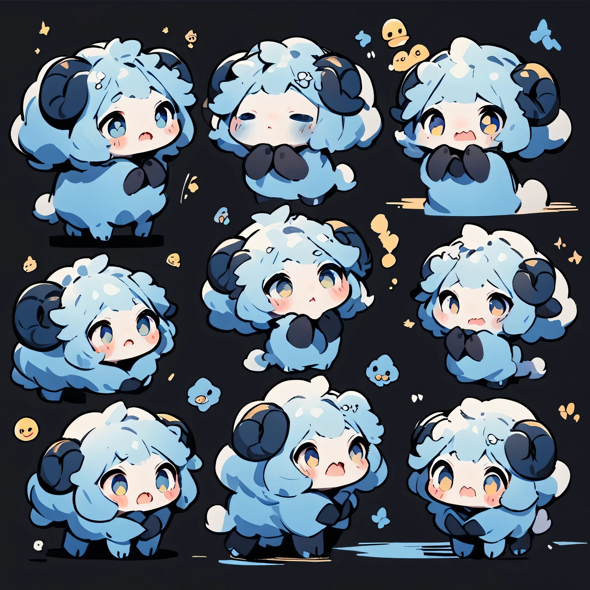 A whimsical blue sheep。emoji,anthropomorphic style,black strokes,solid background color,different emotions,multiple poss and expressions.8K--ar 3:4 --style cute --niji 5