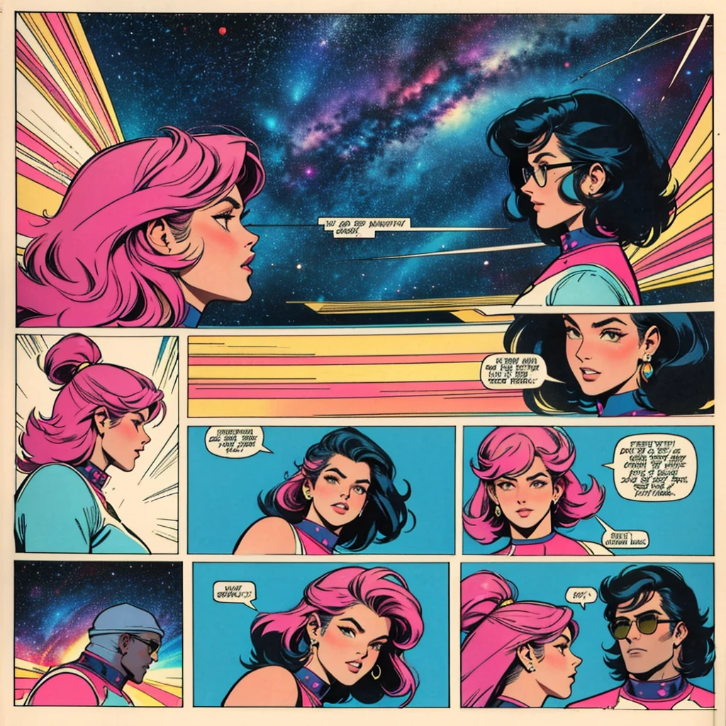 ultimate best quality,beautiful woman,speech bubble,big brest,galaxy,60s,70s,80s,colorful,cosmo,space,sunglass, profile view, head to shoulders, 1 woman