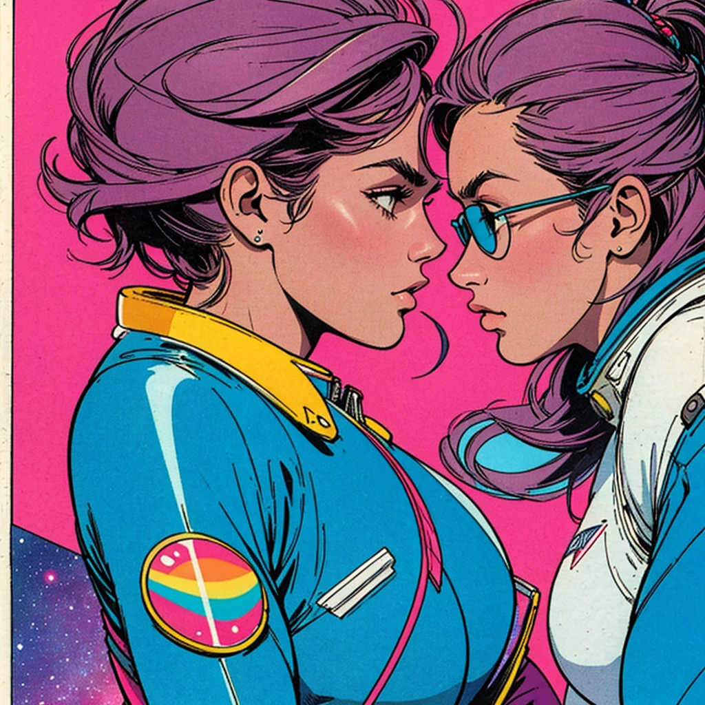 ultimate best quality,beautiful woman,speech bubble,big brest,galaxy,60s,70s,80s,colorful,cosmo,space,sunglass, profile view, head to shoulders, 1 woman