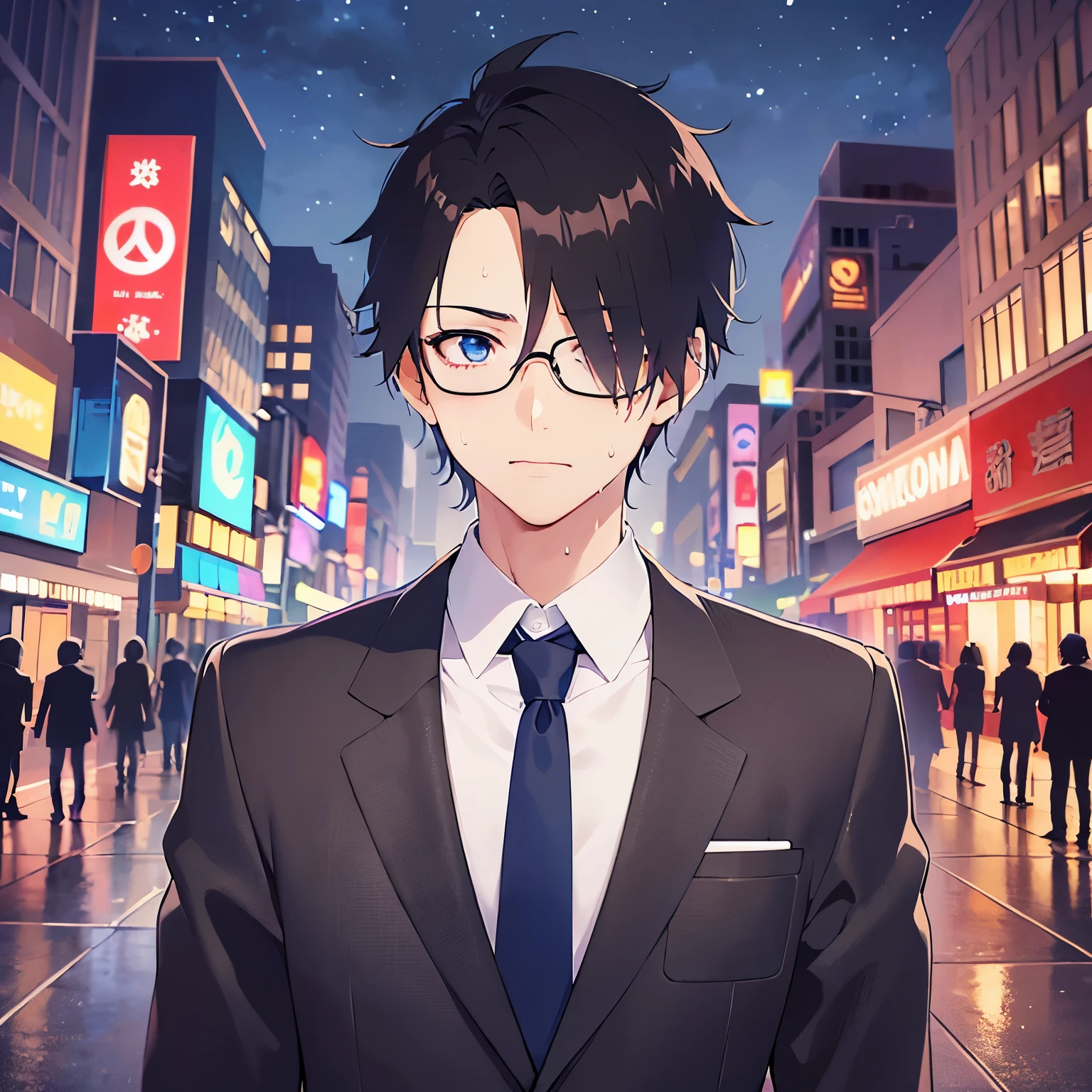 plastic frame eyewear、upper body、shiny skin, masterpiece、Highest quality、(25-year-old male:1.5) and (Black short hair) and (blue eyes), Hair over one eye, (Wearing a suit:1.5) and (Blue tie)、(terrified:1.5), (sweat:1.5), The background is a residential area at night、(Alone:1.5)、Are standing