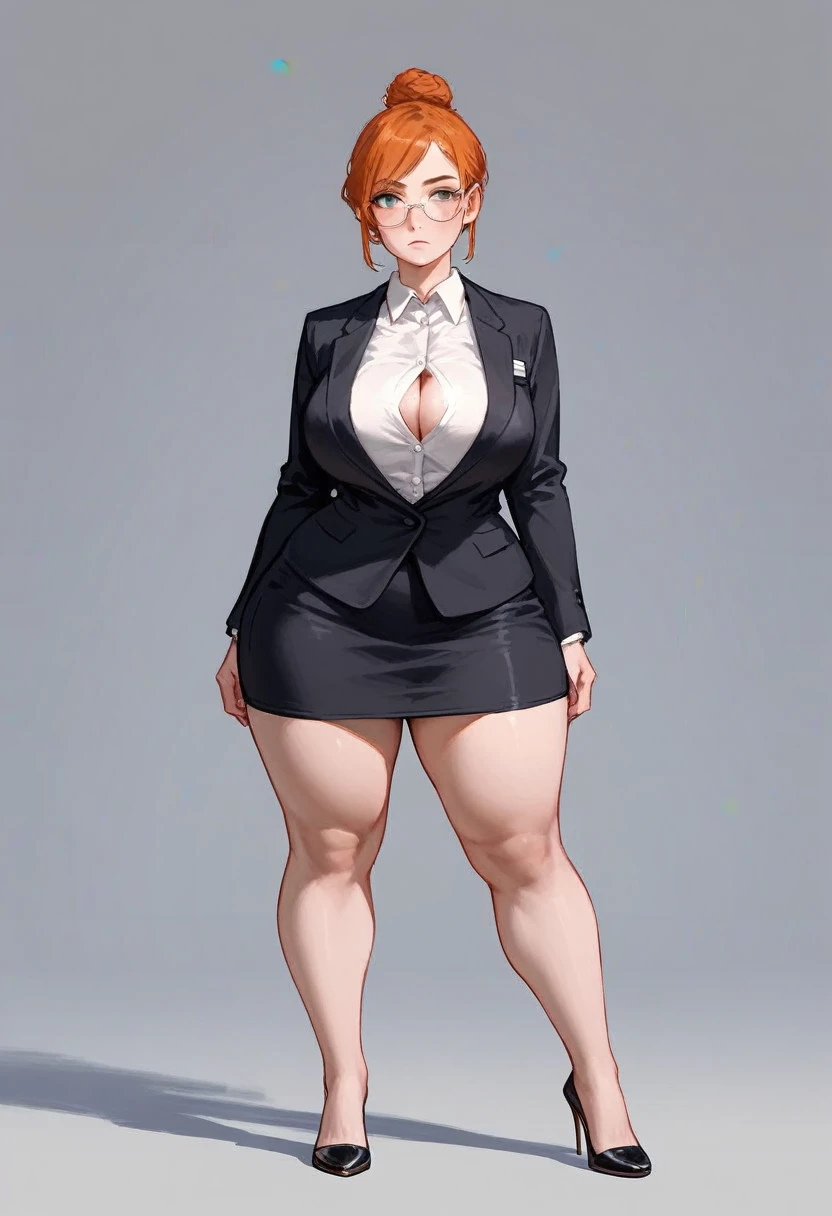 female teacher, pale porcelain skin, short ginger hair in a sleek hairbun, strict facial expression, glasses, wearing a black blazer over a white blouse, busty, wearing a tight black pencil skirt, has wide hips, thick thighs, large thighs, thighs pressed together, thick legs, wearing small black slip on flats on her feet, standing, entire body showing including legs and feet, feet shown in photo, standing far away