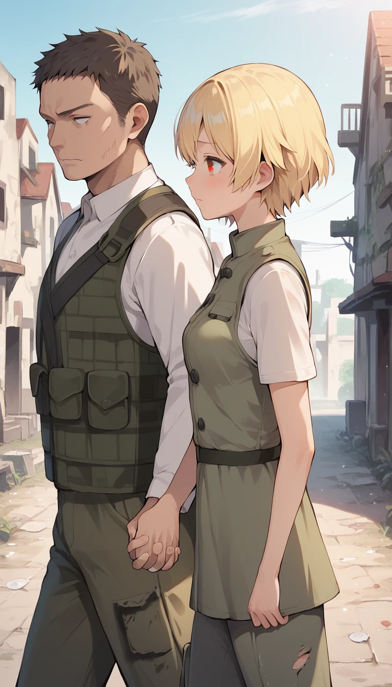 score_9, score_8_up, score_7_up, source_anime BREAK 
1girl, 14yo, _young, from side, small breasts, (girl dirty torn dress), holding hands, hand in another's hand, blonde short hair, grey eyes, sad face, town ruins, outdoors, walking, size difference, faceless male, male face out of frame, (male modern military vest, cargo pants)