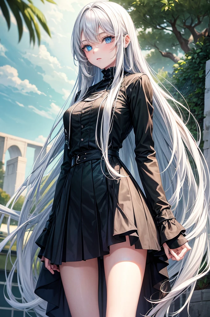 17 year old woman, adolescent, long white hair and blue eyes, wearing black and green clothes